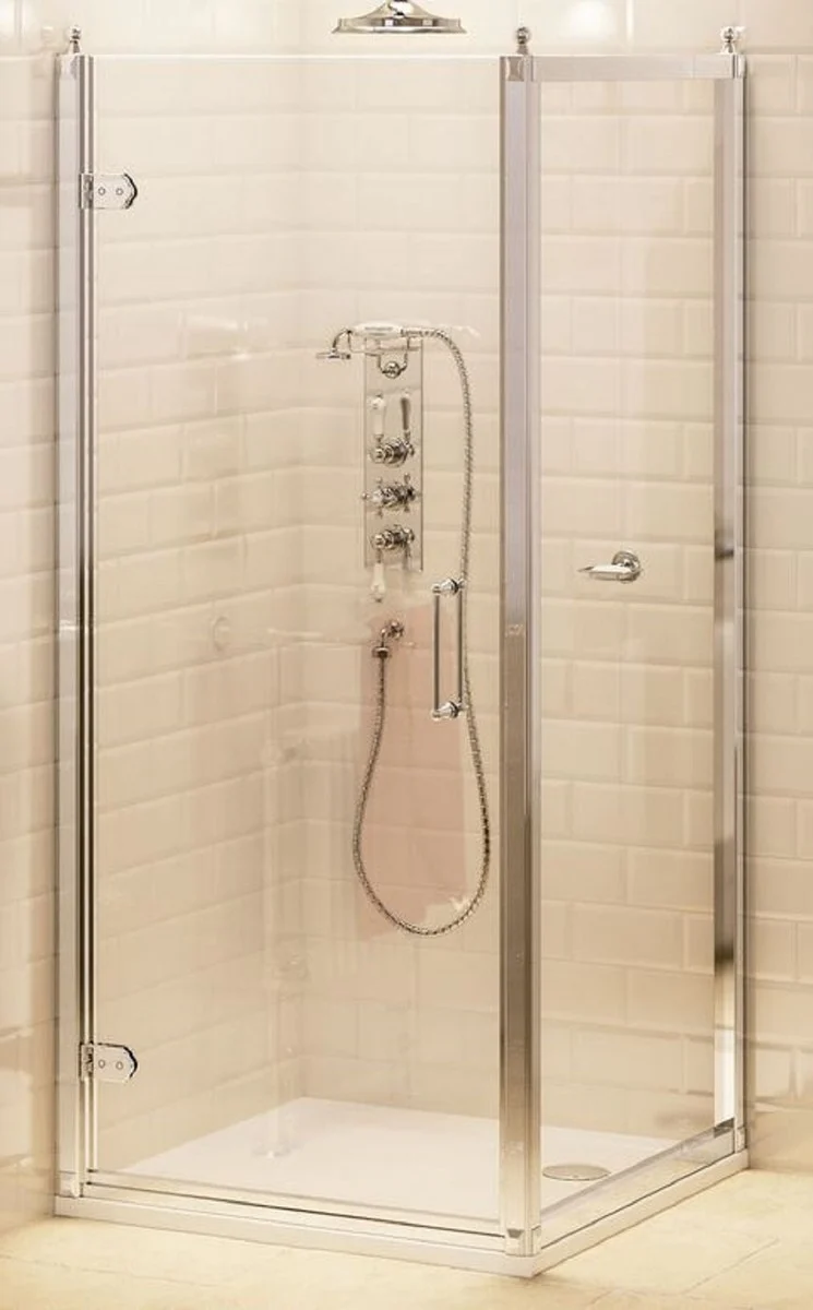 Casa Padrino Luxus Badezimmer Duschtür mit Seitenwand Silber 76 x 76 x H. 195 cm - Duschkabinen Glas Tür - Badezimmer Accessoires - Luxus Duschtüren - Luxus Qualität