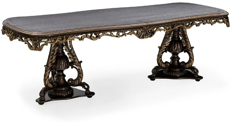 Casa Padrino Luxus Barock Esszimmer Set Grau / Braun / Gold - 1 Barock Esstisch & 8 Barock Esszimmerstühle - Luxus Esszimmer Möbel im Barockstil - Prunkvolle Barock Esszimmer Möbel