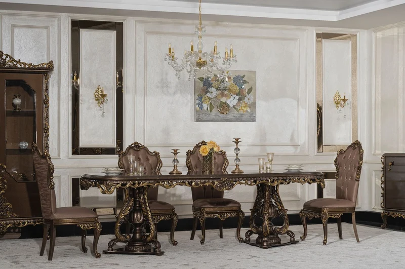 Casa Padrino Luxus Barock Esszimmer Set Grau / Braun / Gold - 1 Barock Esstisch & 8 Barock Esszimmerstühle - Luxus Esszimmer Möbel im Barockstil - Prunkvolle Barock Esszimmer Möbel