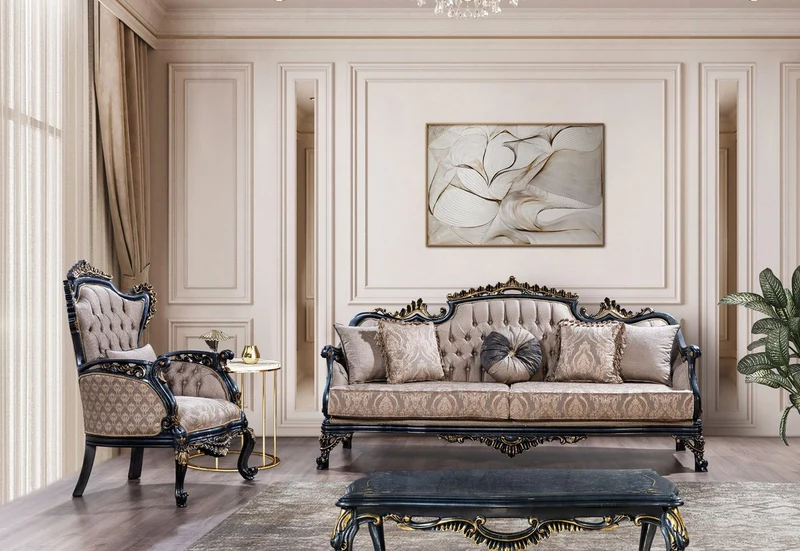 Casa Padrino Luxus Barock Sessel Grau / Blau / Gold - Prunkvoller Wohnzimmer Sessel mit elegantem Muster - Luxus Wohnzimmer Möbel im Barockstil - Barock Möbel - Barock Einrichtung