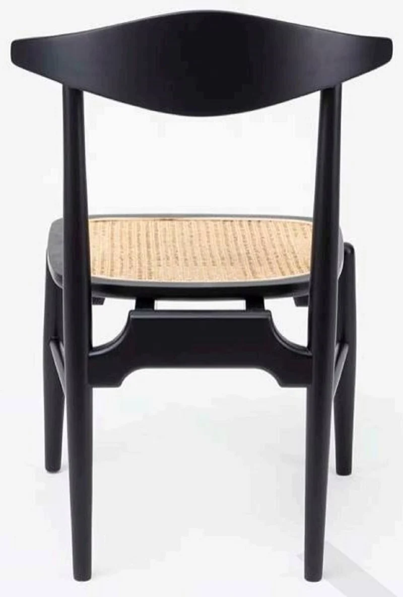 Casa Padrino Luxus Esszimmerstuhl 6er Set Schwarz / Naturfarben 53 x 54 x H. 85 cm - Luxus Massivholz Küchen Stühle mit Rattan Sitzfläche - Esszimmer Möbel - Küchen Möbel - Luxus Möbel