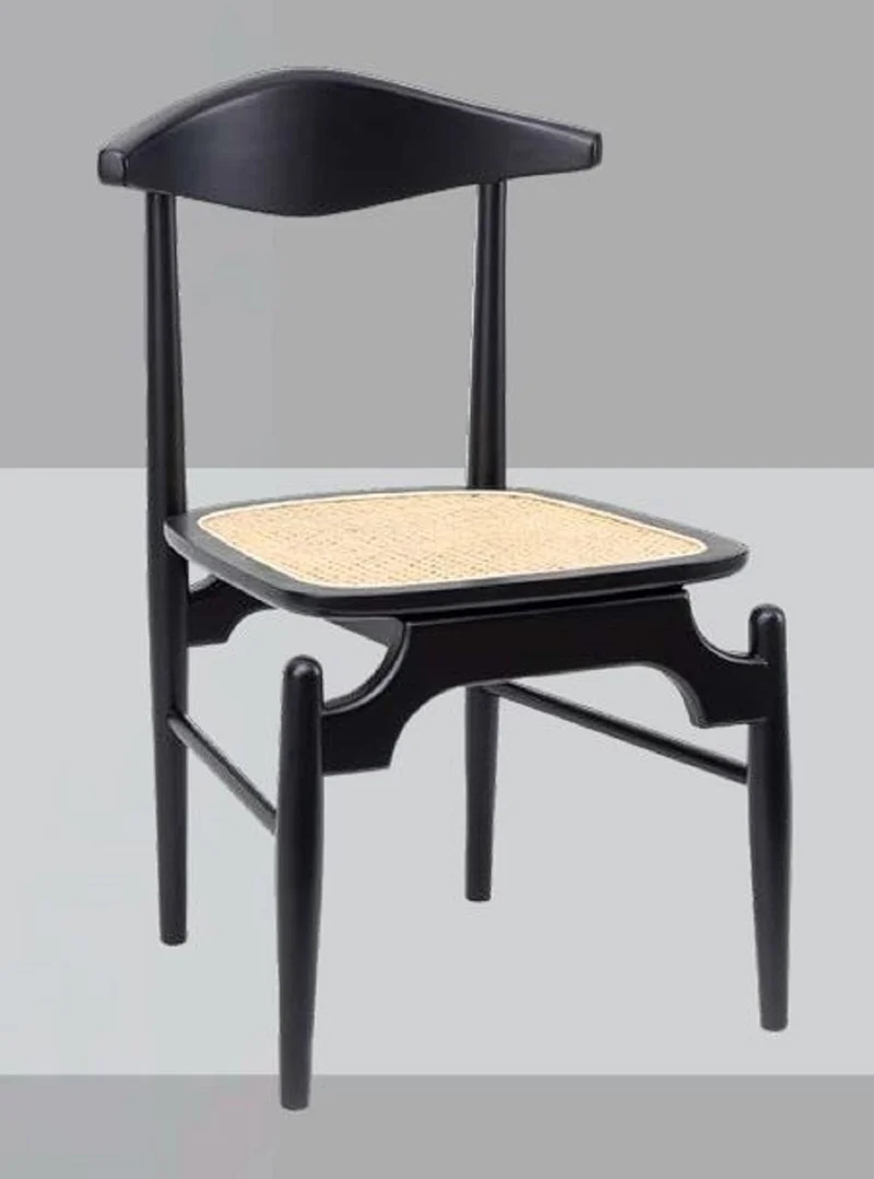 Casa Padrino Luxus Esszimmerstuhl 6er Set Schwarz / Naturfarben 53 x 54 x H. 85 cm - Luxus Massivholz Küchen Stühle mit Rattan Sitzfläche - Esszimmer Möbel - Küchen Möbel - Luxus Möbel