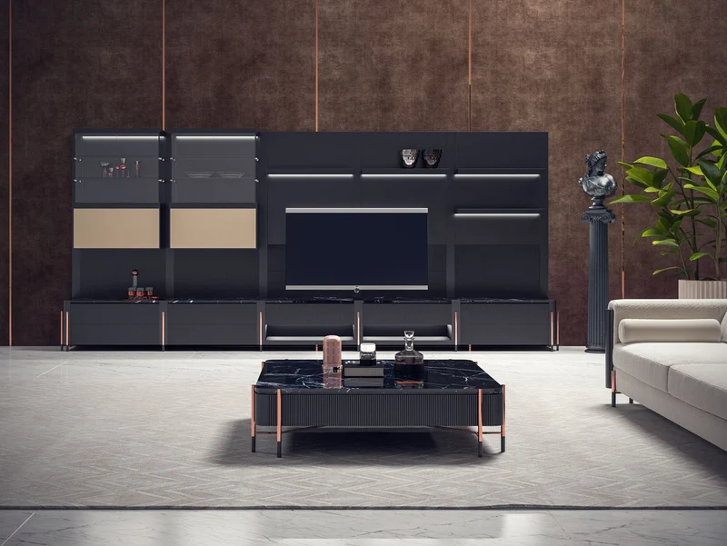 Casa Padrino Luxus Couchtisch Schwarz / Matt Schwarz / Kupfer 124 x 124 x H. 35 cm - Quadratischer Wohnzimmertisch mit Marmorplatte - Wohnzimmer Möbel - Hotel Möbel - Luxus Möbel