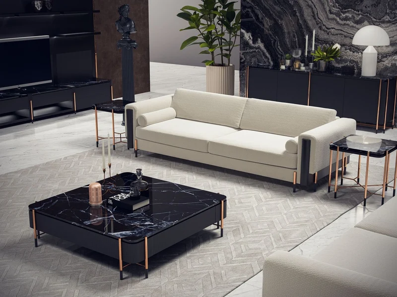 Casa Padrino Luxus Couchtisch Schwarz / Matt Schwarz / Kupfer 124 x 124 x H. 35 cm - Quadratischer Wohnzimmertisch mit Marmorplatte - Wohnzimmer Möbel - Hotel Möbel - Luxus Möbel