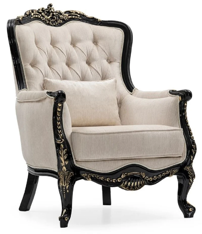Casa Padrino Luxus Barock Wohnzimmer Set Creme / Schwarz / Gold - 2 Sofas & 2 Sessel & 1 Couchtisch - Handgefertigte Wohnzimmer Möbel im Barockstil - Edel & Prunkvoll