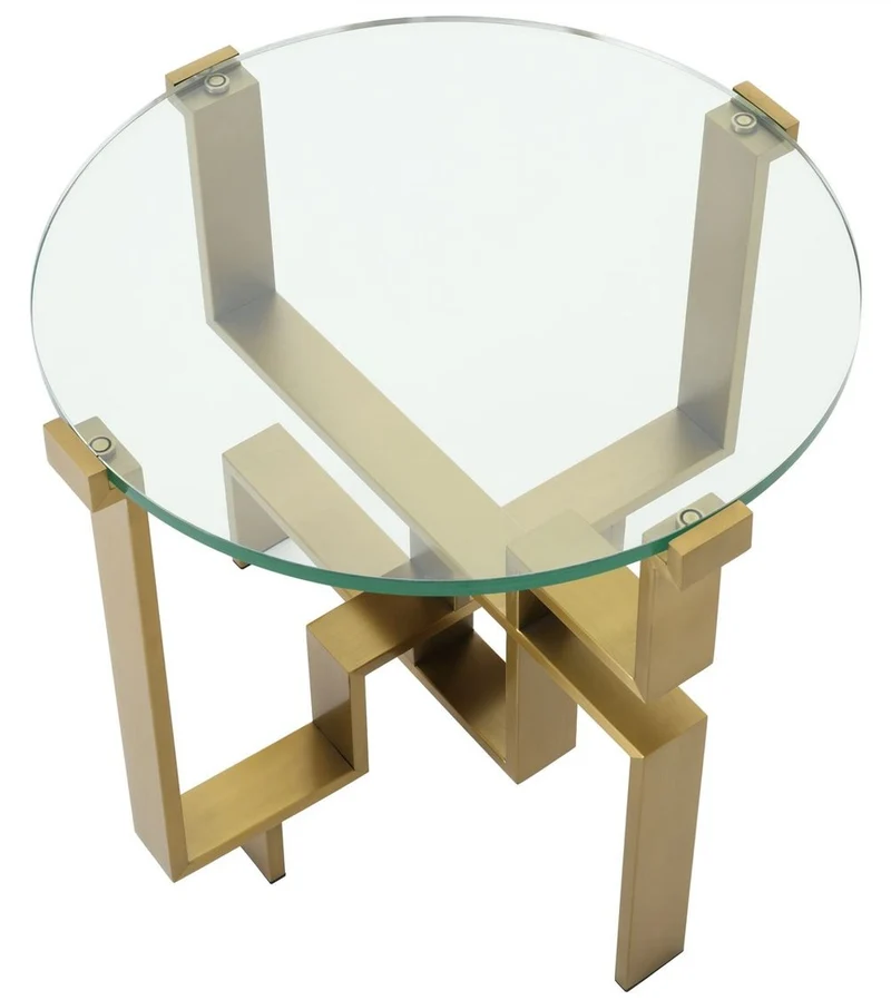 Casa Padrino Luxus Beistelltisch Messing Ø 60 x H. 54,5 cm - Runder Edelstahl Tisch mit Glasplatte - Luxus Möbel - Wohnzimmer Möbel - Hotel Möbel - Luxus Einrichtung - Wohnzimmer Einrichtung