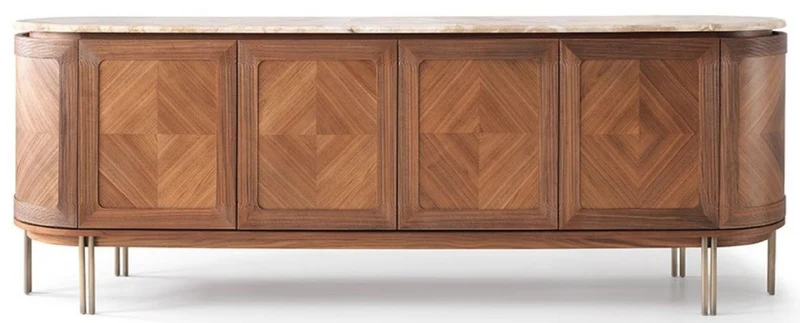 Casa Padrino Luxus Sideboard Braun / Beige / Messing 244 x 56 x H. 85 cm - Ovaler Massivholz Schrank mit 4 Türen und Marmorplatte - Esszimmer Möbel - Hotel Möbel - Luxus Möbel