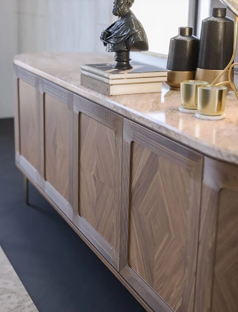 Casa Padrino Luxus Sideboard Braun / Beige / Messing 244 x 56 x H. 85 cm - Ovaler Massivholz Schrank mit 4 Türen und Marmorplatte - Esszimmer Möbel - Hotel Möbel - Luxus Möbel