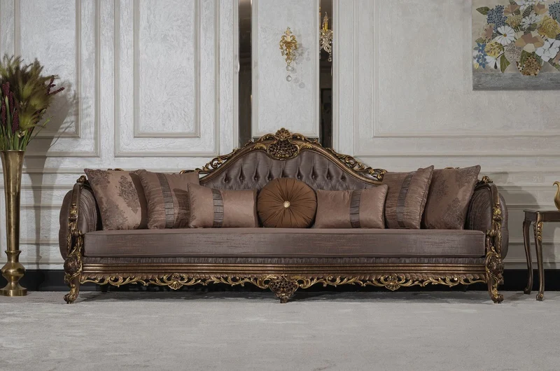 Casa Padrino Luxus Barock Wohnzimmer Sofa Grau / Braun / Gold - Handgefertigtes Barockstil Sofa mit dekorativen Kissen - Luxus Wohnzimmer Möbel im Barockstil - Barock Möbel - Edel & Prunkvoll
