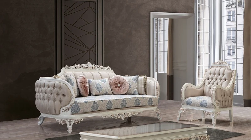 Casa Padrino Luxus Barock Wohnzimmer Set Mehrfarbig / Creamweiß / Kupfer - 2 Barock Sofas & 2 Barock Sessel & 1 Barock Couchtisch - Luxus Wohnzimmer Möbel im Barockstil - Barock Möbel
