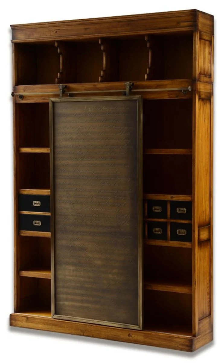 Casa Padrino Luxus Vintage Stil Bücherschrank mit Schiebetür Braun / Schwarz / Messing 168 x 40,5 x H. 250 cm - Massivholz Wohnzimmer Schrank - Büro Schrank - Büro Möbel - Luxus Vintage Stil Möbel