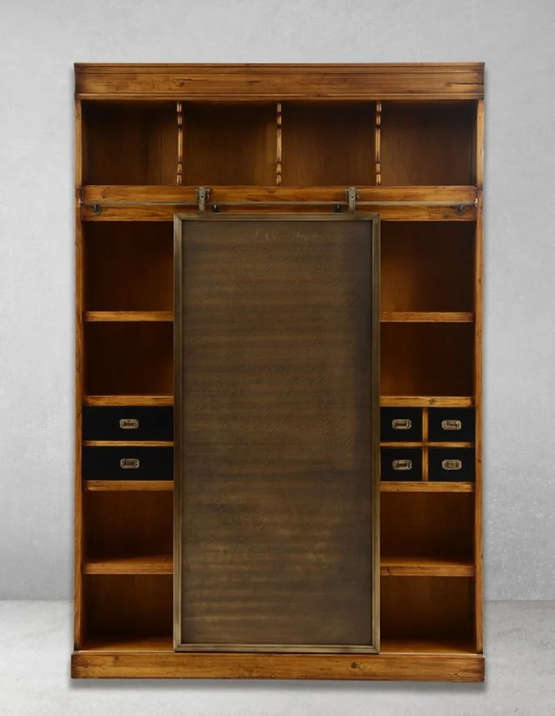 Casa Padrino Luxus Vintage Stil Bücherschrank mit Schiebetür Braun / Schwarz / Messing 168 x 40,5 x H. 250 cm - Massivholz Wohnzimmer Schrank - Büro Schrank - Büro Möbel - Luxus Vintage Stil Möbel