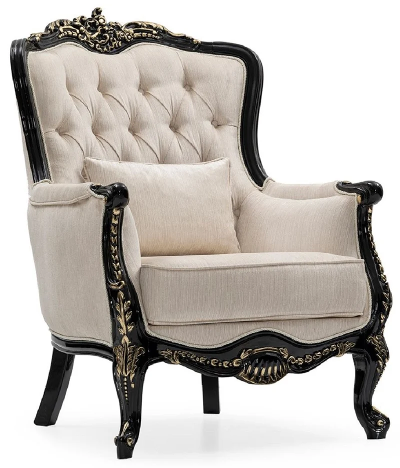 Casa Padrino Luxus Barock Wohnzimmer Sessel Creme / Schwarz / Gold - Handgefertigter Barockstil Sessel mit dekorativem Kissen - Luxus Wohnzimmer Möbel im Barockstil - Barock Möbel