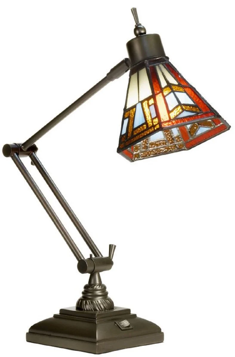 Casa Padrino Luxus Tiffany Tischleuchte Bronze / Mehrfarbig H. 53 cm - Höhenverstellbare Tiffany Schreibtichleuchte - Tiffany Leuchten - Luxus Interior - Luxus Leuchten - Tiffany Leuchten