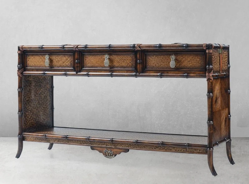 Casa Padrino Luxus Vintage Stil Konsole Braun 184 x 39 x H. 88 cm - Massivholz Konsolentisch mit 3 Schubladen - Massivholz Möbel - Vintage Stil Möbel - Luxus Möbel