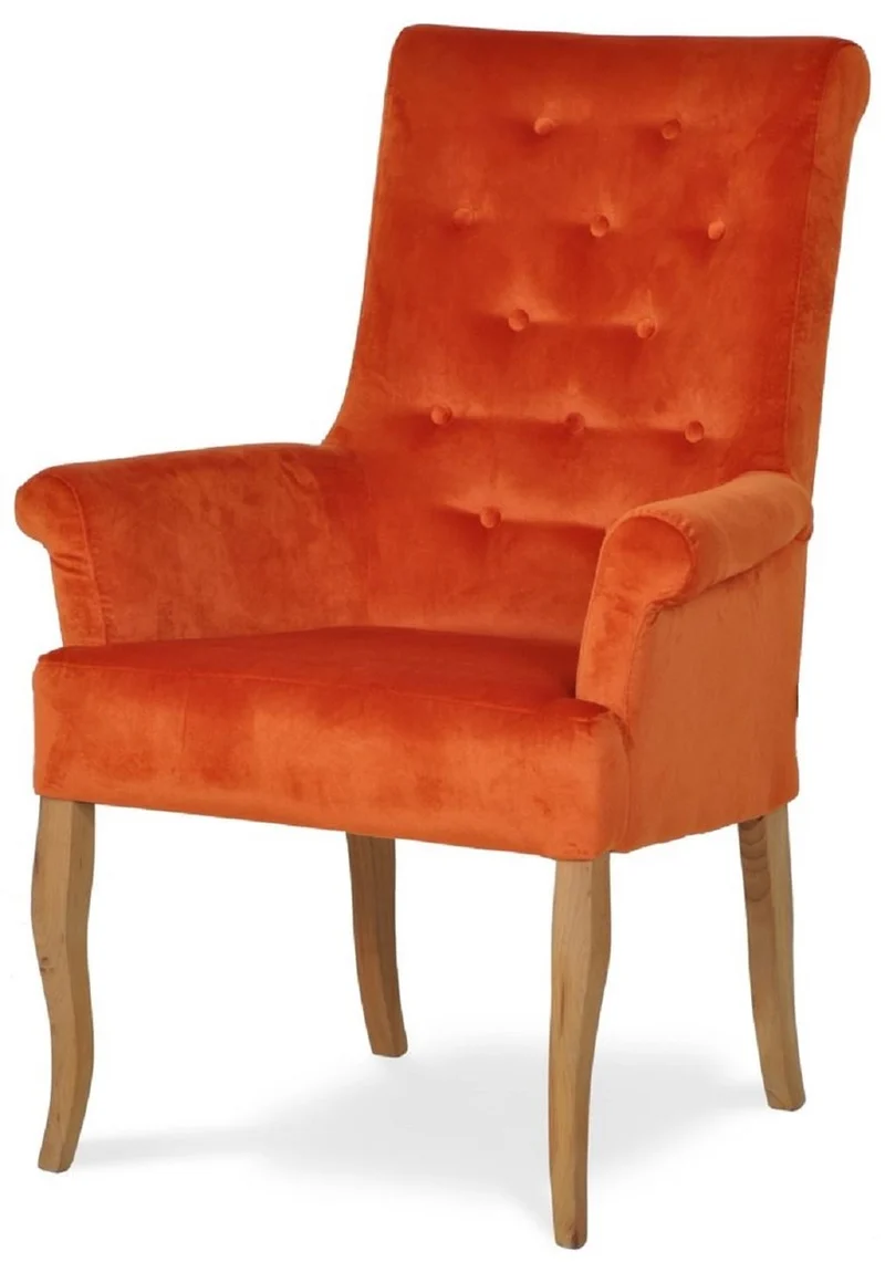 Casa Padrino Chesterfield Neo Barock Esszimmer Stuhl Orange / Naturfarben - Küchenstuhl mit Armlehnen - Esszimmer Möbel - Chesterfield Möbel - Neo Barock Möbel