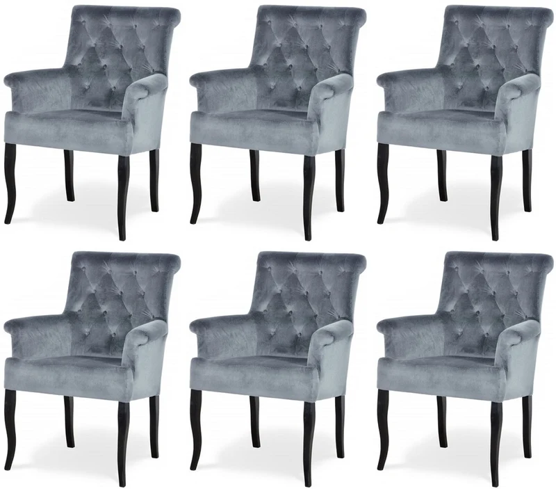 Casa Padrino Chesterfield Neo Barock Esszimmer Stuhl 6er Set Grau / Schwarz - Küchenstühle mit Armlehnen - Esszimmer Möbel - Chesterfield Möbel - Neo Barock Möbel
