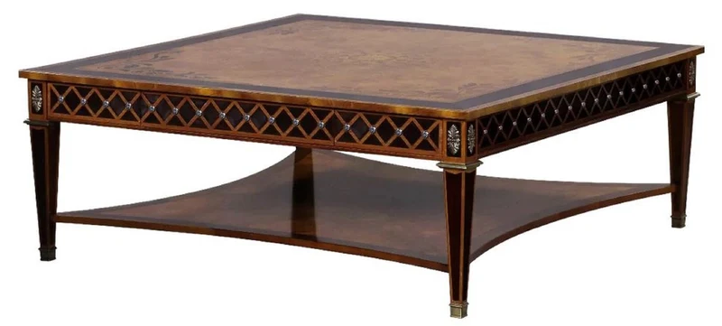 Casa Padrino Luxus Art Deco Couchtisch Naturfarben / Braun Intarsien / Silber / Antik Messing 130 x 130 x H. 50 cm - Quadratischer Wohnzimmertisch - Luxus Art Deco Wohnzimmer Möbel