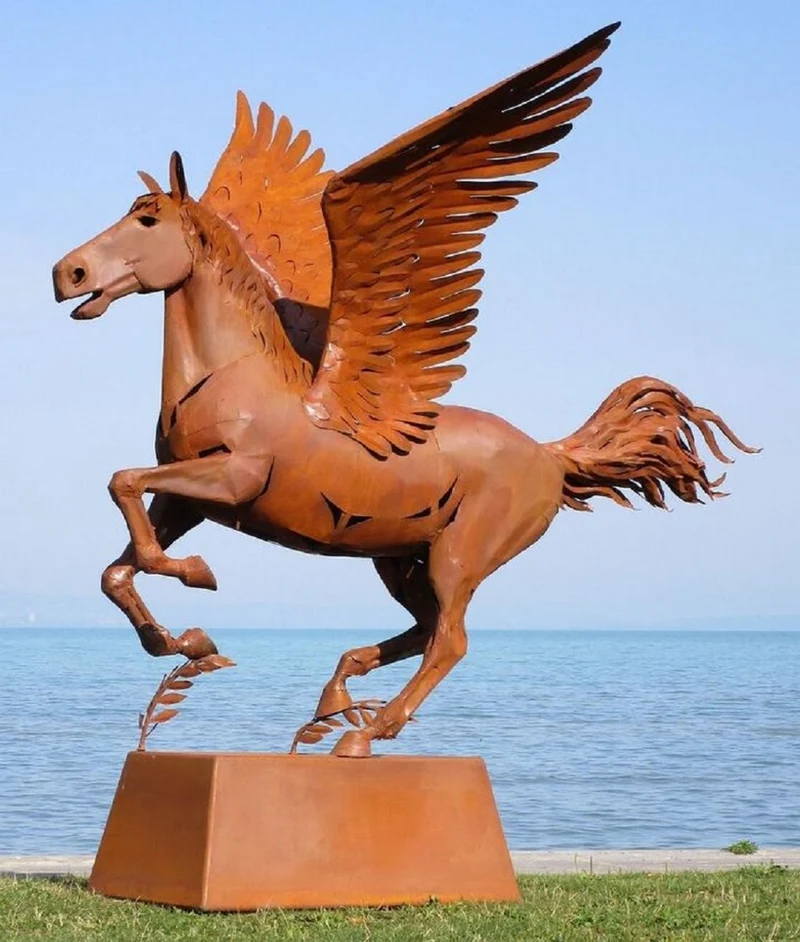 Casa Padrino Luxus Deko Skulptur Pegasus Pferd mit Sockel Rost 288 x 175 x H. 305 cm - Lebensgroße Stahl Skulptur - Riesige Garten Deko Figur - Garten Skulpturen - Metall Skulpturen