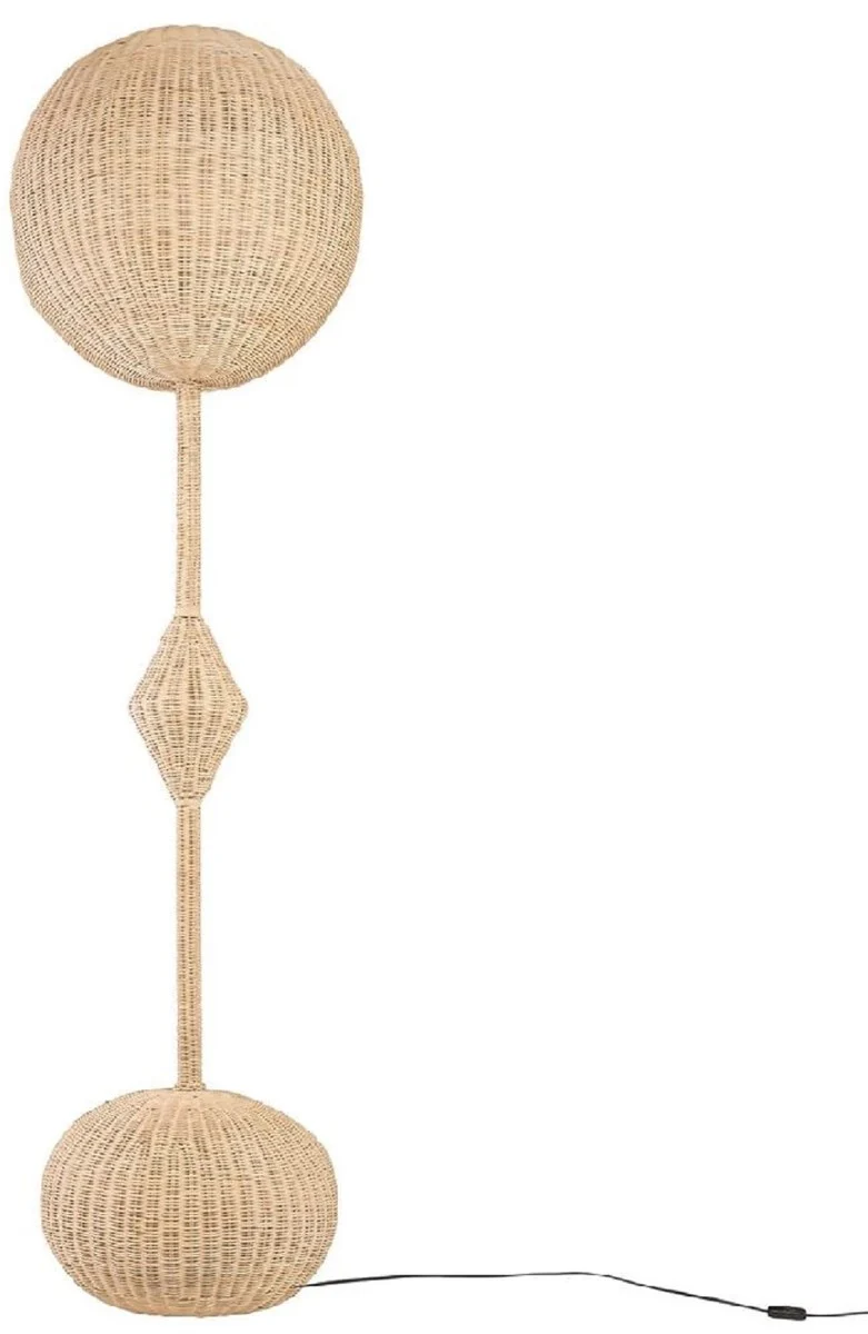 Casa Padrino Luxus Designer Stehleuchte Naturfarben Ø 60 x H. 225 cm - Runde Rattan Stehlampe - Wohnzimmer Stehleuchte - Luxus Leuchten - Luxus Stehleuchten