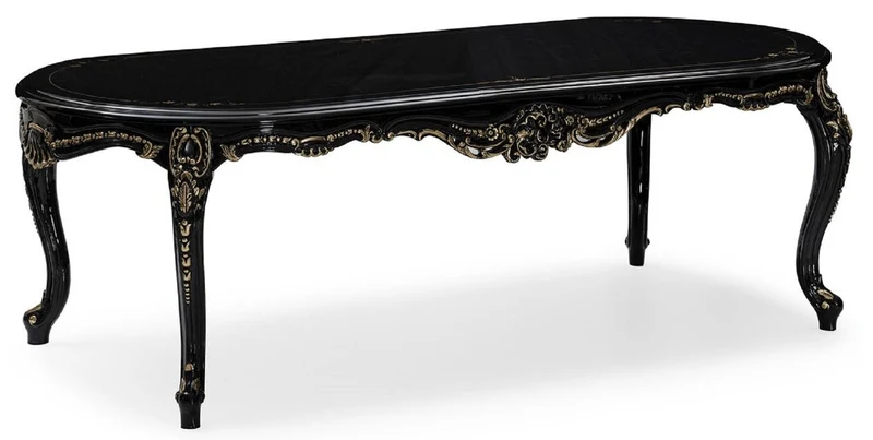 Casa Padrino Luxus Barock Esstisch Schwarz / Gold - Prunkvoller Barockstil Küchentisch - Luxus Esszimmer Möbel im Barockstil - Barock Esszimmer Möbel - Barock Einrichtung