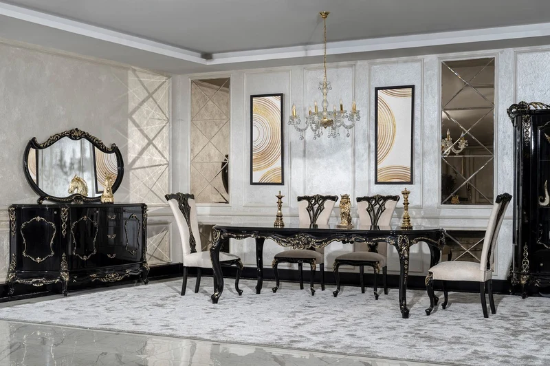 Casa Padrino Luxus Barock Esstisch Schwarz / Gold - Prunkvoller Barockstil Küchentisch - Luxus Esszimmer Möbel im Barockstil - Barock Esszimmer Möbel - Barock Einrichtung