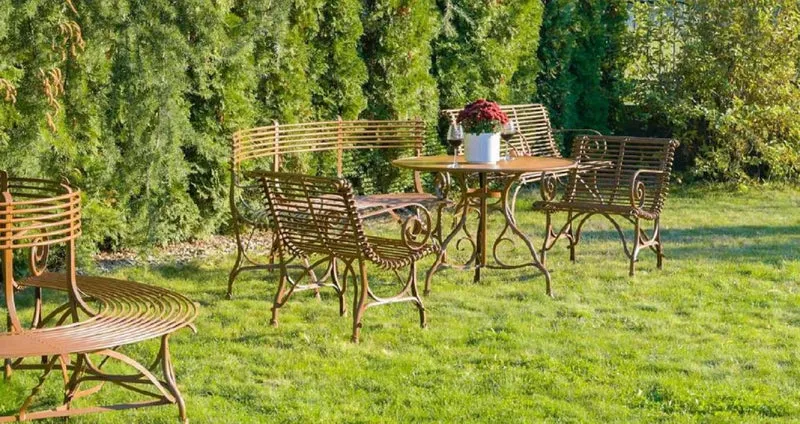 Casa Padrino Jugendstil Garten Stuhl 4er Set Braun 64 x 62 x H. 71 cm - Handgefertigte Schmiedeeisen Stühle mit Armlehnen - Nostalgische Schmiedeeisen Garten & Terrassen Möbel