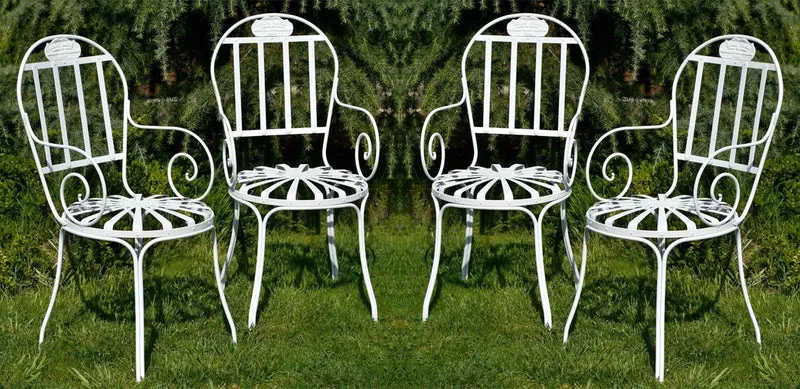 Casa Padrino Jugendstil Garten Stuhl 4er Set Weiß 47 x 47 x H. 94 cm - Handgefertigte Schmiedeeisen Stühle mit Armlehnen - Nostalgische Schmiedeeisen Garten & Terrassen Möbel