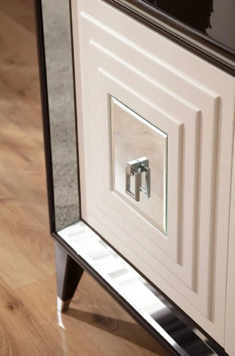 Casa Padrino Luxus Sideboard Dunkelbraun / Creme / Silber 220 x 48 x H. 90 cm - Verspiegelter Massivholz Schrank mit 4 Türen - Esszimmer Möbel - Luxus Möbel - Luxus Einrichtung