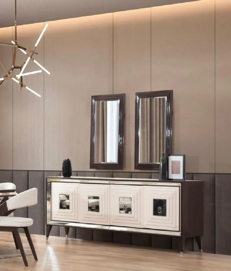Casa Padrino Luxus Sideboard Dunkelbraun / Creme / Silber 220 x 48 x H. 90 cm - Verspiegelter Massivholz Schrank mit 4 Türen - Esszimmer Möbel - Luxus Möbel - Luxus Einrichtung