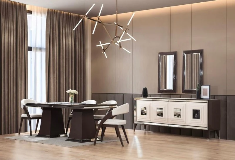 Casa Padrino Luxus Sideboard Dunkelbraun / Creme / Silber 220 x 48 x H. 90 cm - Verspiegelter Massivholz Schrank mit 4 Türen - Esszimmer Möbel - Luxus Möbel - Luxus Einrichtung
