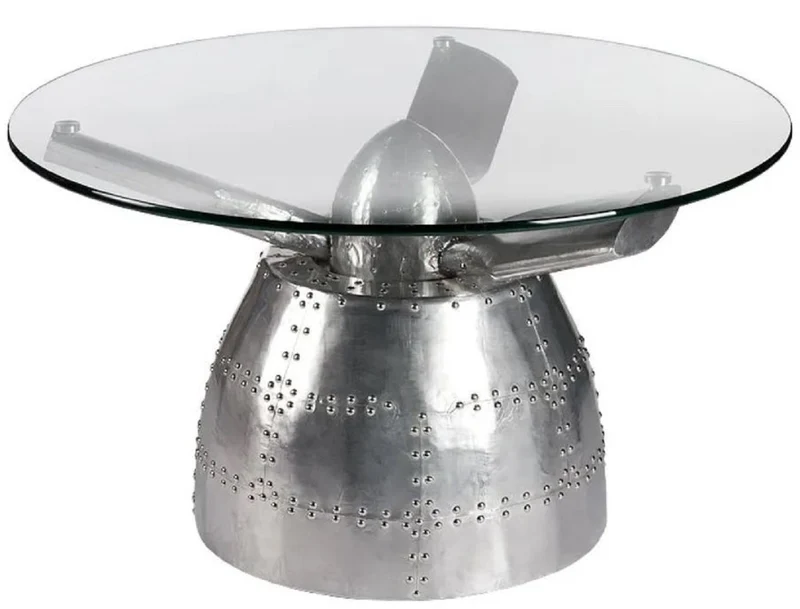 Casa Padrino Luxus Couchtisch Flugzeug Propeller Silber Ø 90 x H. 51 cm - Runder Aluminium Wohnzimmertisch mit Glasplatte - Aluminium Flugzeug Flieger Möbel - Wohnzimmer Möbel - Luxus Möbel