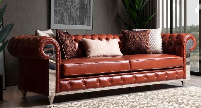 Casa Padrino Luxus Chesterfield Kunstleder Sofa Braun / Silber 270 x 100 x H. 70 cm - Wohnzimmer Sofa - Wohnzimmer Möbel - Chesterfield Möbel - Luxus Möbel - Luxus Einrichtung