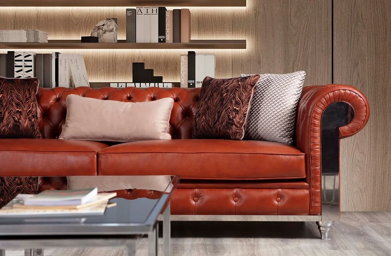 Casa Padrino Luxus Chesterfield Kunstleder Sofa Braun / Silber 270 x 100 x H. 70 cm - Wohnzimmer Sofa - Wohnzimmer Möbel - Chesterfield Möbel - Luxus Möbel - Luxus Einrichtung