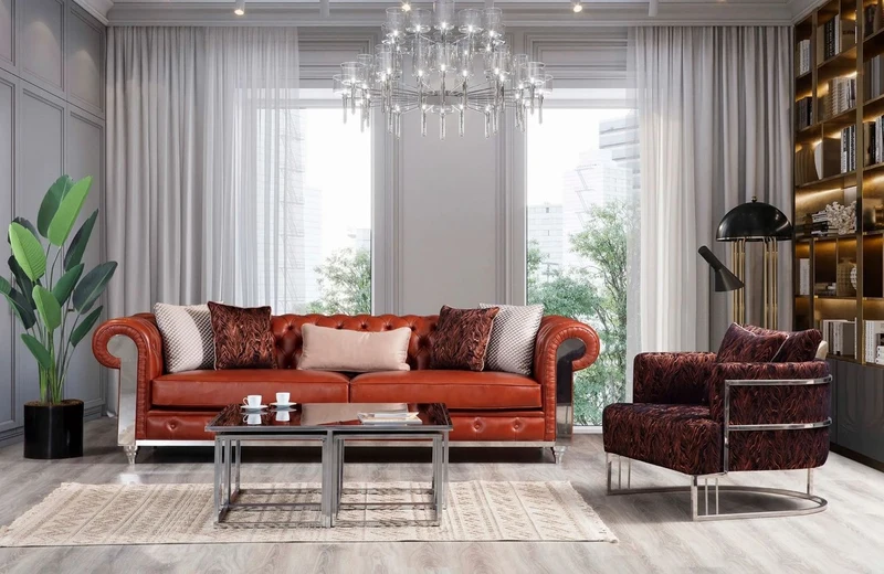 Casa Padrino Luxus Chesterfield Kunstleder Sofa Braun / Silber 270 x 100 x H. 70 cm - Wohnzimmer Sofa - Wohnzimmer Möbel - Chesterfield Möbel - Luxus Möbel - Luxus Einrichtung