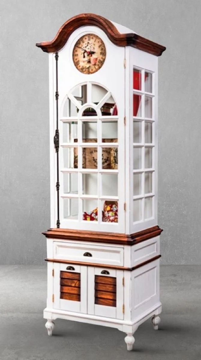 Casa Padrino Luxus Landhausstil Schrank mit Uhr Antik Weiß / Braun 73 x 50,5 x H. 213 cm - Landhausstil Esszimmerschrank - Landhausstil Vitrine - Landhausstil Esszimmer Möbel