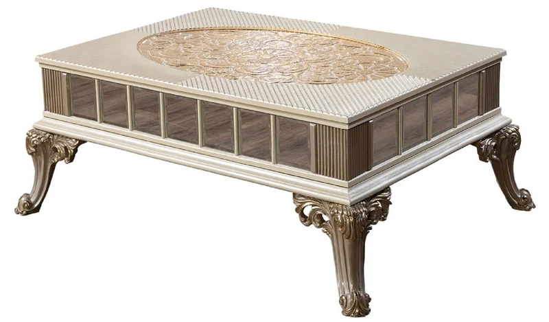 Casa Padrino Luxus Barock Couchtisch Creme / Weiß / Grau / Gold - Verspiegelter Barockstil Wohnzimmertisch - Luxus Möbel im Barockstil - Barockstil Wohnzimmer Möbel - Barock Möbel