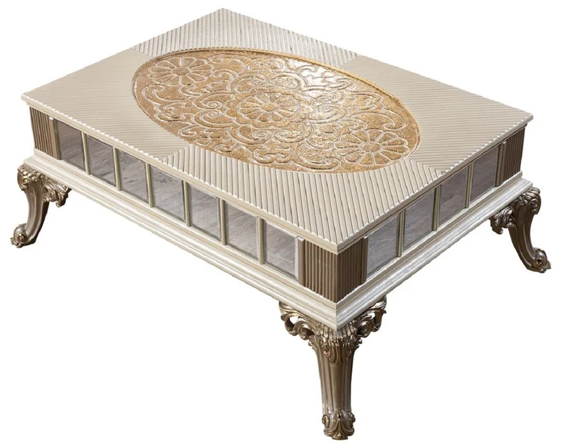 Casa Padrino Luxus Barock Couchtisch Creme / Weiß / Grau / Gold - Verspiegelter Barockstil Wohnzimmertisch - Luxus Möbel im Barockstil - Barockstil Wohnzimmer Möbel - Barock Möbel