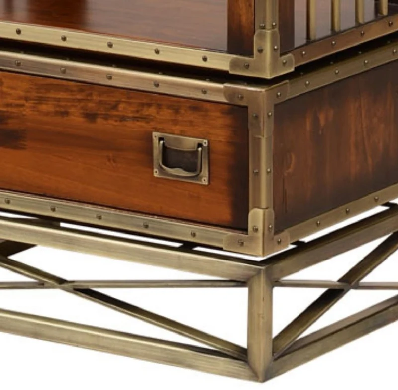 Casa Padrino Luxus Vintage Stil Regalschrank Braun / Messing 52,5 x 35 x H. 200,5 cm - Vintage Stil Bücherschrank mit 2 Schubladen - Luxus Wohnzimmer Massivholz Möbel im Vintage Stil