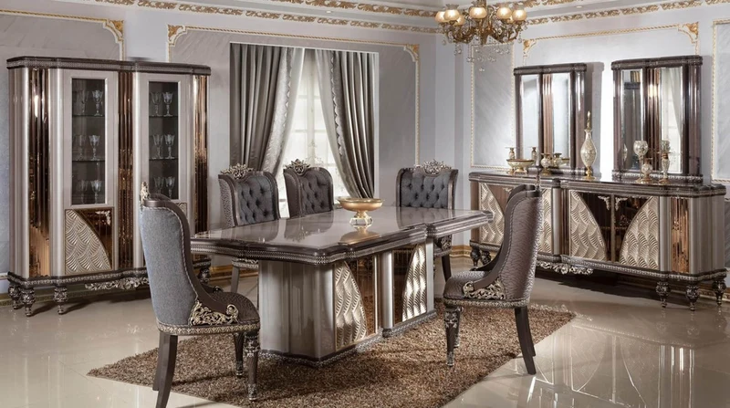 Casa Padrino Luxus Barock Esszimmer Set Blau / Grau / Dunkelbraun / Gold - 1 Barock Esstisch & 6 Barock Esszimmerstühle - Luxus Esszimmer Möbel im Barockstil - Barock Möbel - Edel & Prunkvoll