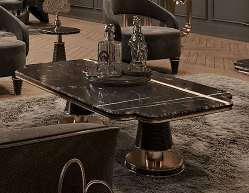 Casa Padrino Luxus Couchtisch Schwarz / Gold 150 x 80 x H. 42,5 cm - Wohnzimmertisch mit Kunstmarmor Tischplatte - Luxus Wohnzimmer Möbel - Hotel Möbel - Luxus Einrichtung - Hotel Einrichtung