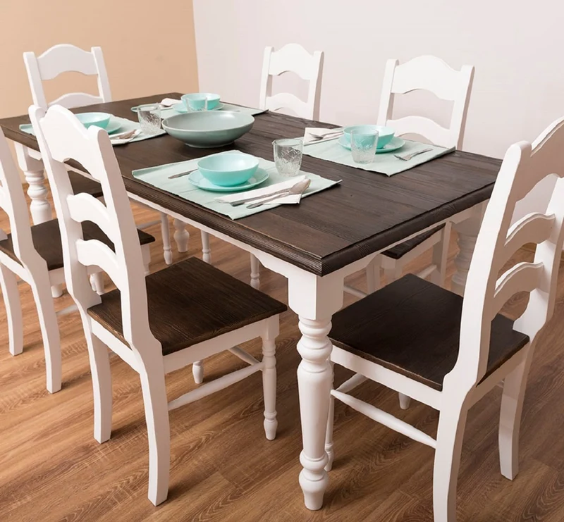 Casa Padrino Landhausstil Esszimmer Möbel Set Weiß / Dunkelbraun - 1 Landhausstil Esstisch & 6 Landhausstil Esszimmerstühle - Massivholz Esszimmer Möbel - Landhausstil Esszimmer Möbel