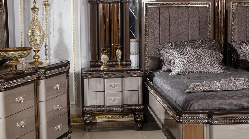 Casa Padrino Luxus Barock Schlafzimmer Set Grau / Dunkelbraun / Gold - 1 Barock Doppelbett mit Kopfteil & 2 Barock Nachtkommoden - Luxus Schlafzimmer Möbel im Barockstil - Barock Interior