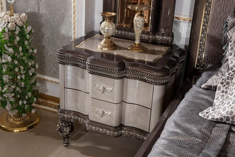 Casa Padrino Luxus Barock Schlafzimmer Set Grau / Dunkelbraun / Gold - 1 Barock Doppelbett mit Kopfteil & 2 Barock Nachtkommoden - Luxus Schlafzimmer Möbel im Barockstil - Barock Interior
