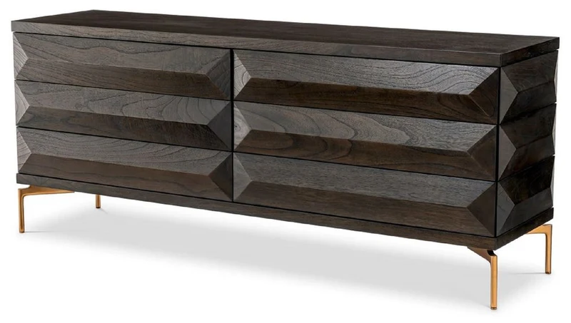 Casa Padrino Luxus Massivholz Kommode mit 6 Schubladen Mokka / Messing 182 x 48 x H. 75 cm - Schlafzimmer Kommode - Schlafzimmer Möbel - Luxus Möbel - Luxus Einrichtung - Möbel Luxus