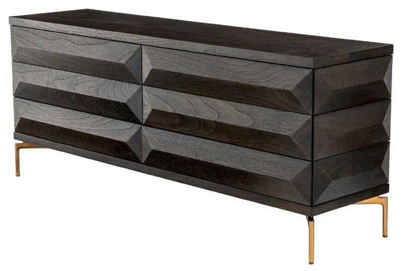 Casa Padrino Luxus Massivholz Kommode mit 6 Schubladen Mokka / Messing 182 x 48 x H. 75 cm - Schlafzimmer Kommode - Schlafzimmer Möbel - Luxus Möbel - Luxus Einrichtung - Möbel Luxus