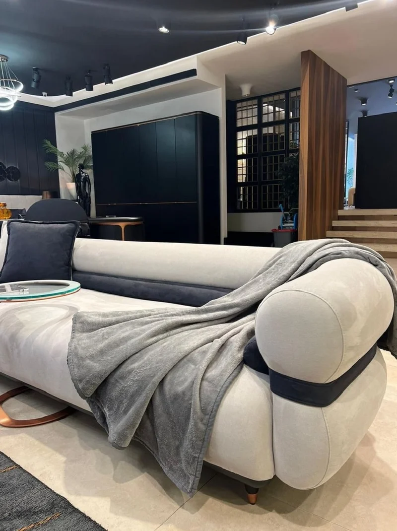 Casa Padrino Luxus Sofa Grau / Blau / Schwarz / Kupfer 260 x 88 x H. 65 cm - Wohnzimmer Sofa - Hotel Sofa - Wohnzimmer Möbel - Hotel Möbel - Luxus Möbel - Luxus Einrichtung