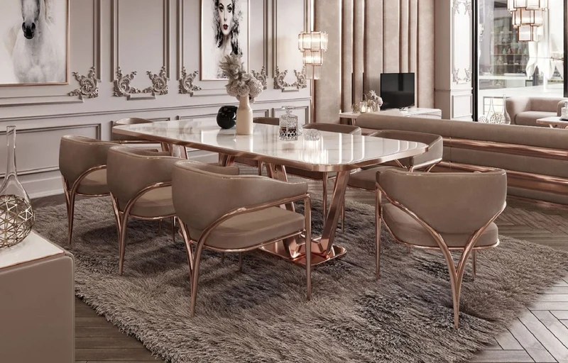 Casa Padrino Luxus Esszimmer Stuhl Set mit Armlehnen Grau / Kupfer 60 x 59,8 x H. 80 cm - Küchen Stühle 8er Set - Esszimmer Möbel - Restaurant Möbel - Luxus Möbel - Luxus Einrichtung