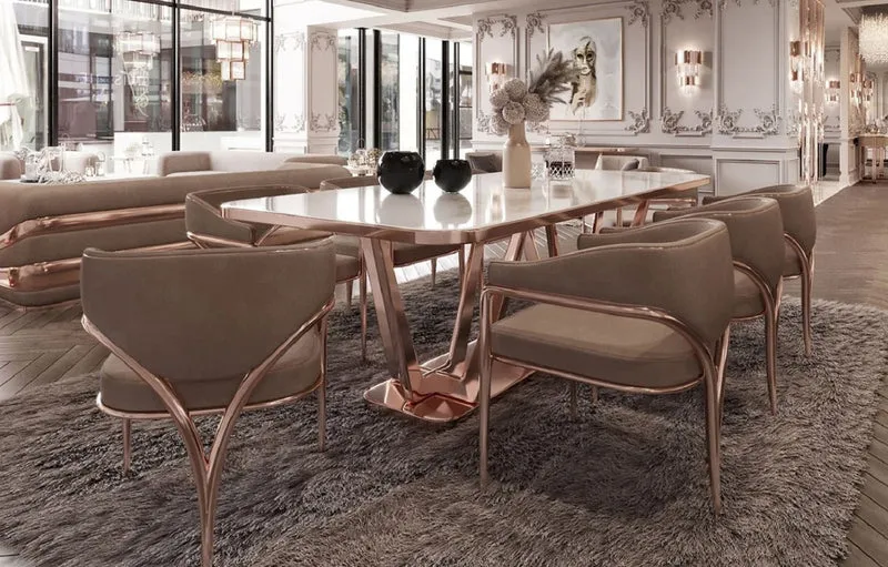 Casa Padrino Luxus Esszimmer Stuhl Set mit Armlehnen Grau / Kupfer 60 x 59,8 x H. 80 cm - Küchen Stühle 8er Set - Esszimmer Möbel - Restaurant Möbel - Luxus Möbel - Luxus Einrichtung