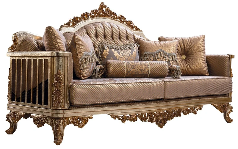 Casa Padrino Luxus Barock Sofa Kupfer / Antik Silber / Gold - Barockstil Wohnzimmer Sofa mit elegantem Muster - Luxus Wohnzimmer Möbel im Barockstil - Barock Einrichtung - Barock Möbel